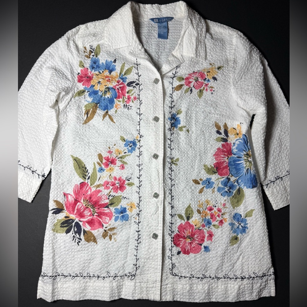 Koret White Textured Floral Button Front Top size small cottagecore